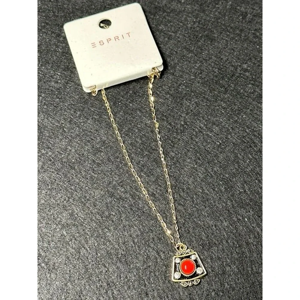 ESPRIT Gold Tone Necklace Black Shield Pendant Red Cabochon Rhinestone Accent